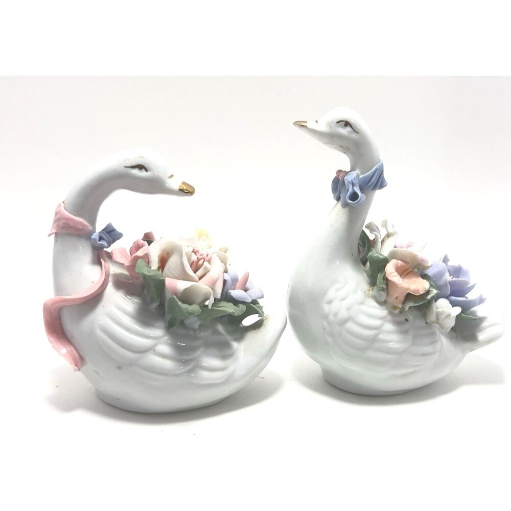 Vintage Set of 2 Porcelain Swan Figurines Applied Flowers Pink Blue Rose